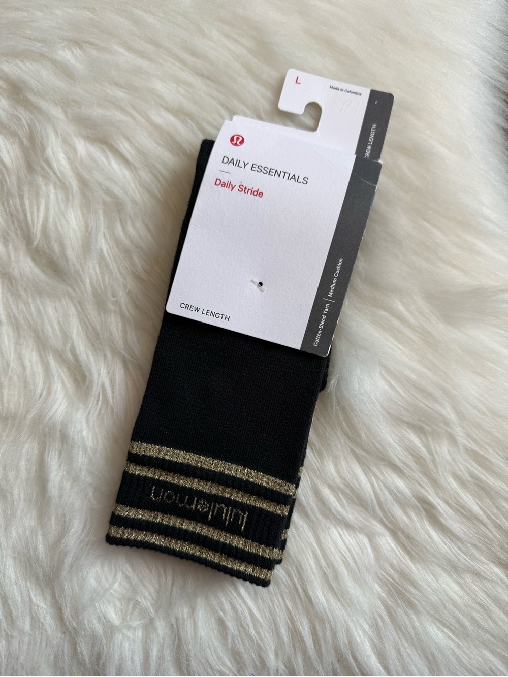 Lululemon Daily Essentials Daily Stride Crew Socks Black Gold Size L